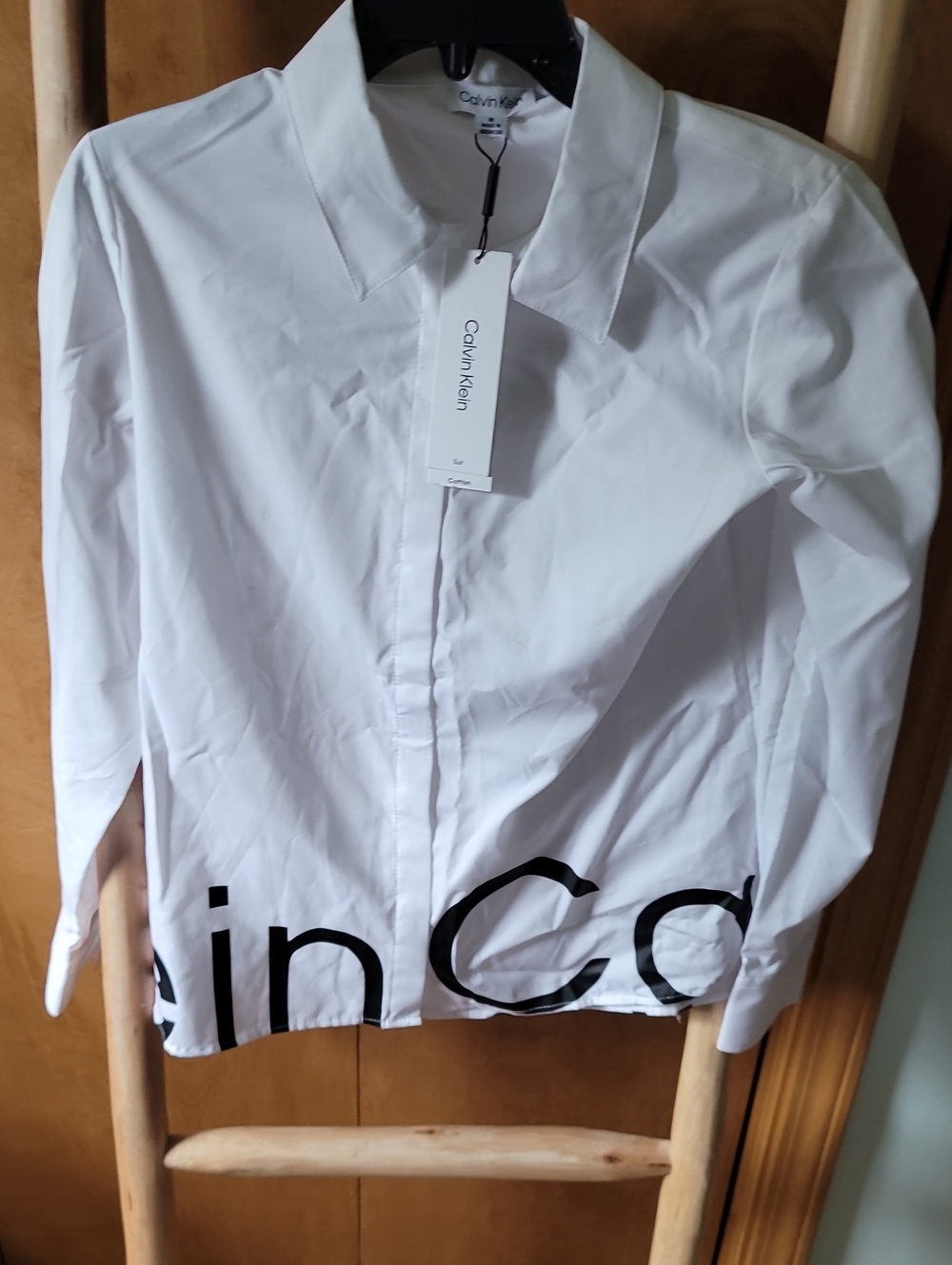 Calvin Klein Womens White Button-Up Shirt with Black Logo Hem